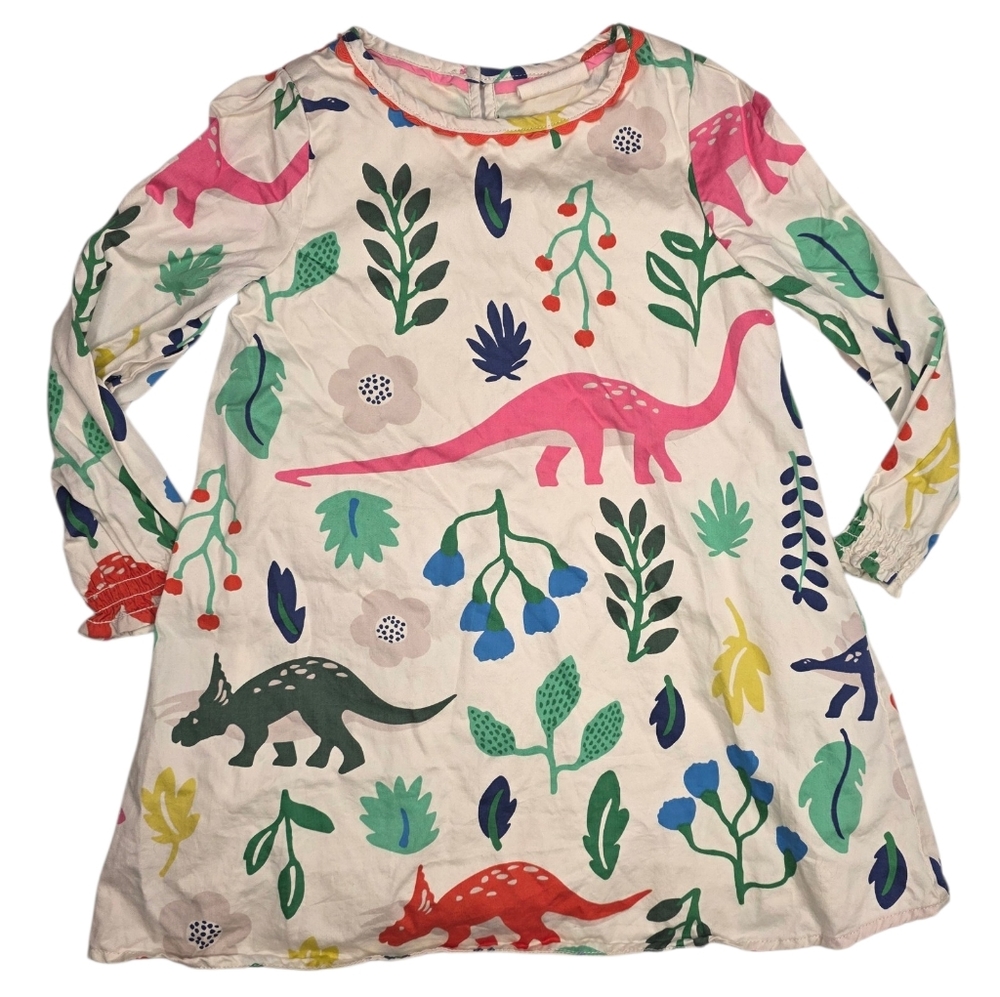 Mini Boden White Long-Sleeve Dino & Floral Print Top - Pink, Green, Blue